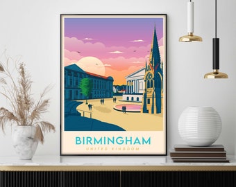 Birmingham Print, West Midlands Travel Poster, Travel Art Gift, Vintage Wall Art Print