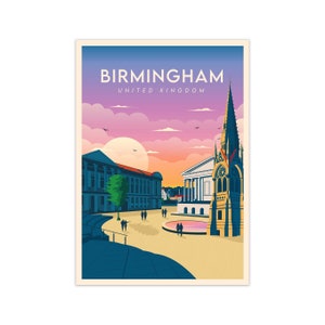 Birmingham Print Retro Travel Poster of the Midlands Birmingham Skyline Wall Art Birmingham UK Print Caravan & Motorhome Gifts Print Only