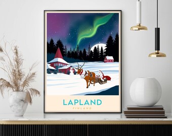 Lapland Print, Finland Travel Poster, Travel Art Gift, Vintage Wall Art Print