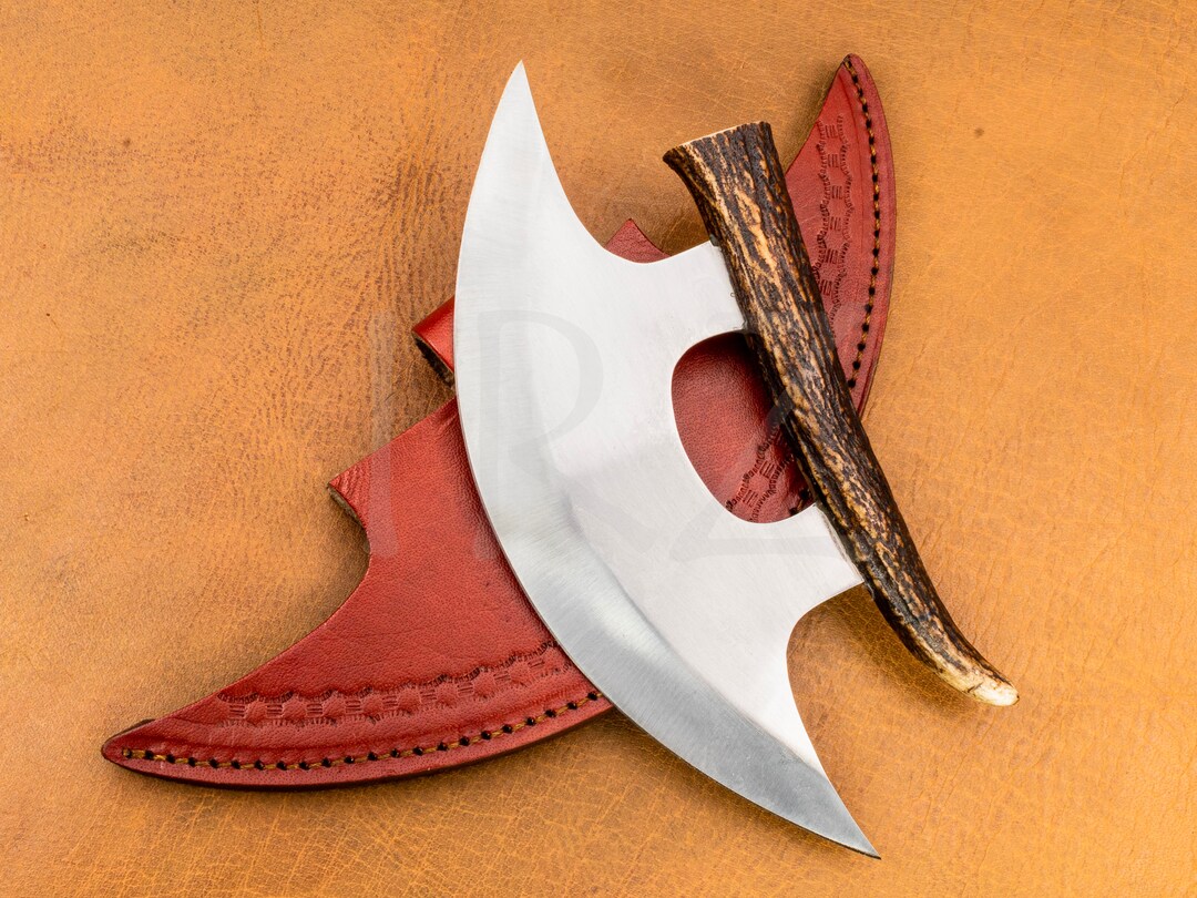 Fish Fillet Ulu Knife in Stainless Steel With Antler Handle & Belt