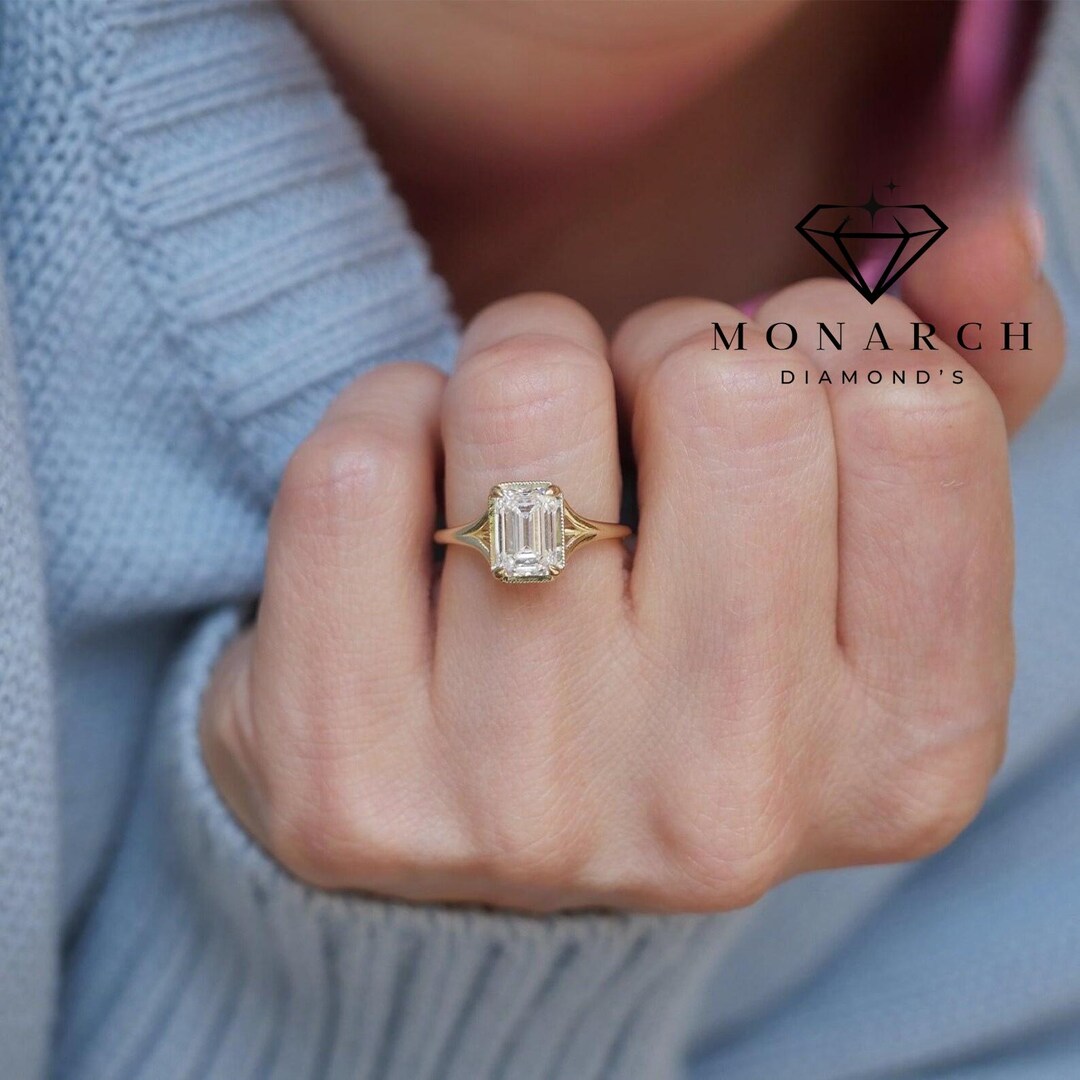 1.50 CT Emerald Cut Moissanite Ring | Split Shank Solitaire Engagement ...