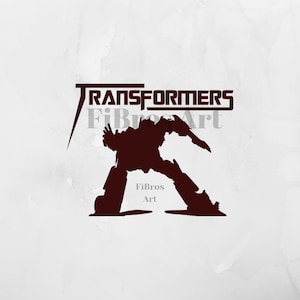 May include: A red silhouette of a robot in a fighting pose with the text "TRANSFORMERS" above it and "FiBros Art" below it.