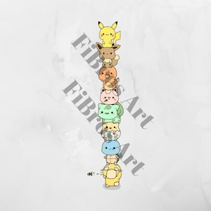 Könnte beinhalten: Ein Stapel von neun Cartoon-Pokémon-Charakteren, darunter Pikachu, Squirtle, Bisasam und Glumanda, sind übereinander gestapelt. Die Charaktere lächeln alle und haben unterschiedlich farbige Körper. Der Hintergrund ist hellgrau.