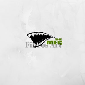 May include: Black and white illustration of a shark's mouth with sharp teeth. The text "THE MEG" is written in green letters below the image.