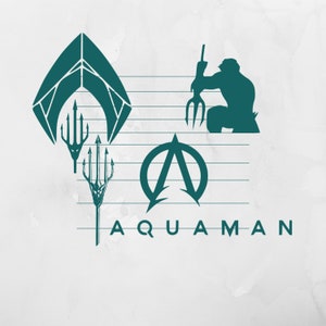 May include: A teal blue graphic design featuring the Aquaman logo, a trident, and a silhouette of a person holding a trident. The text "AQUAMAN" is written in all caps below the logo.