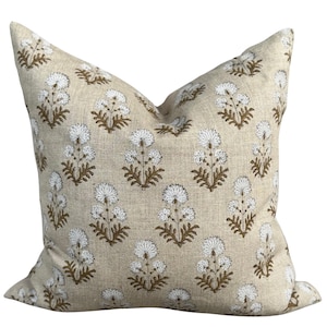 Handmade Block Print Linen Pillow Cover – Neutral Decorative Cushion | Invisible Zipper – 18”, 20” 22” |  Boho Throw Pillow – Layla Design