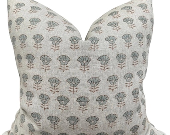 Indian Block Print Linen Pillow Cover | Teal Terracotta Floral Cushion | Farmhouse Decor