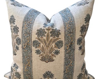 Floral Stripe Block Print Pillow Cover | Indian Linen Cushion | Boho Cottage Decor Home