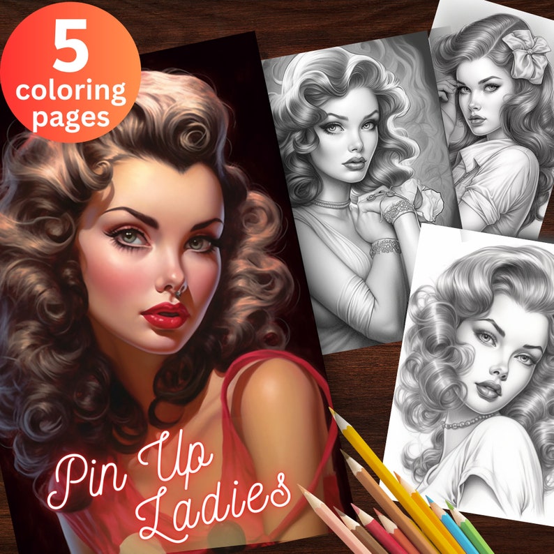 5 Vintage Pin Up Girls Coloring Page Hollywood Glam Coloring Etsy Uk