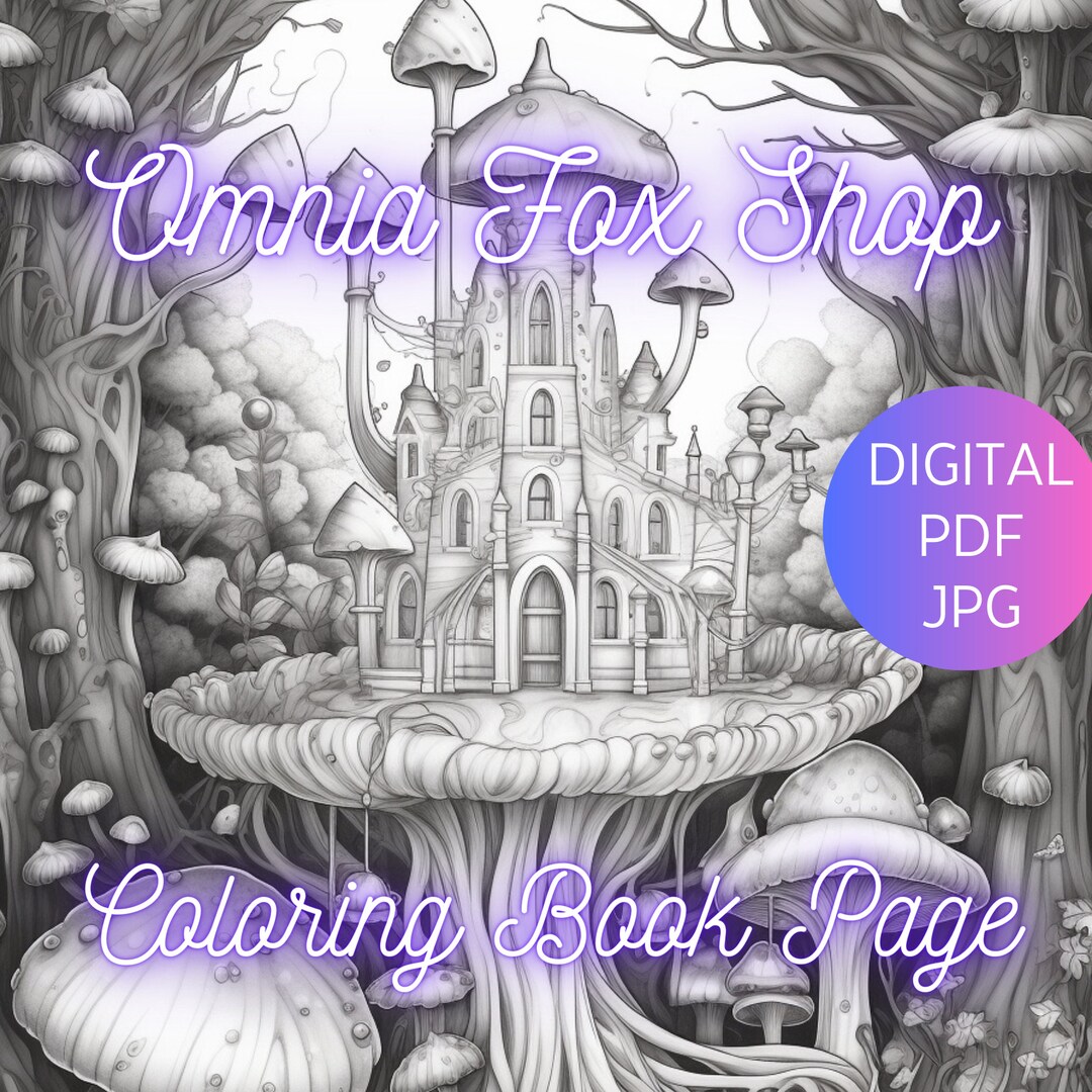 Magic Mushroom Kingdom Coloring Page Adults Kids Instant Etsy