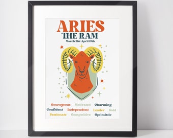 Aries Zodiac Wall Art Printable, Retro Zodiac Printable, Horoscope Printable Art, Astrology Wall Decor, Digital Download, Aries Gift