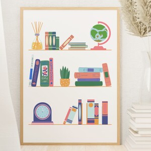 May include: A framed illustration of a bookshelf with three shelves. The top shelf has a globe, a bottle of reed diffuser, and a stack of books. The middle shelf has a plant, a stack of books, and a book titled "Happy Dogs". The bottom shelf has a clock and a row of books.