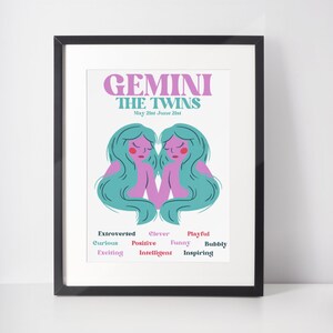 Gemini Zodiac Wall Art Printable, Retro Zodiac Printable, Horoscope Printable Art, Astrology Wall Decor, Digital Download, Gemini Gift