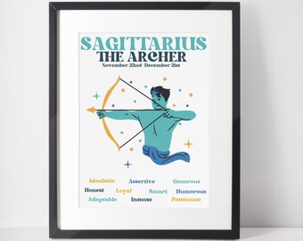 Sagitario Zodiac Wall Art imprimible, Retro Zodiac imprimible, Horóscopo imprimible, Decoración de la pared de astrología, Descarga digital, Regalo de Sagitario