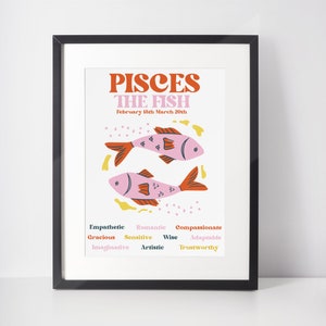 Pisces Zodiac Wall Art Printable, Retro Zodiac Printable, Horoscope Printable Art, Astrology Wall Decor, Digital Download, Pisces Gift