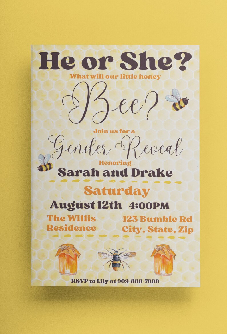Bee Gender Reveal Invitation Printable Invite Evite Etsy