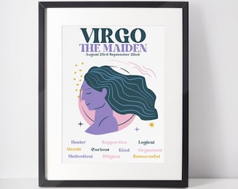 Maagd Zodiac Wall Art Printable, Retro Zodiac Printable, Horoscoop Printable Art, Astrologie Wall Decor, Digitale Download, Maagd Cadeau