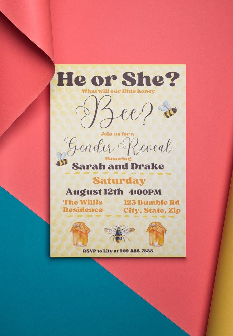 Bee Gender Reveal Invitation Printable Invite Evite Etsy