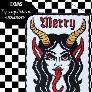May include: A white tapestry pattern with a black border, featuring a devil-like face with red eyes, horns, and tongue. The text "Merry Hexmas" is displayed in red gothic lettering. The skill level is intermediate.