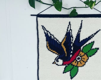 Crochet Wall Hanging Tapestry Pattern Swallow Traditional Tattoo