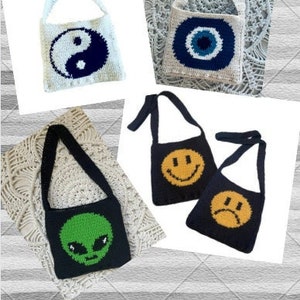 Crochet Bag Pattern Bundle- Alien, Yin Yang, Evil Eye, Emoji Face