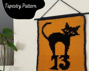 Patrón de crochet n.° 13: tapiz gótico de gato negro para colgar en la pared