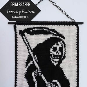 May include: A black and white crochet tapestry pattern depicting the Grim Reaper. The rectangular tapestry has a black border and features the text "GRIM REAPER Tapestry Pattern" and "LAKZA CROCHET". The skill level is intermediate.