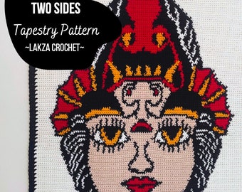 Crochet Pattern Traditional Tattoo Two Sides Demon Lady Wall Hanging Tapestry