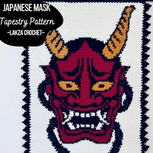 日本の般若/鬼マスクの伝統的なタトゥーのかぎ針編みタペストリーパターン