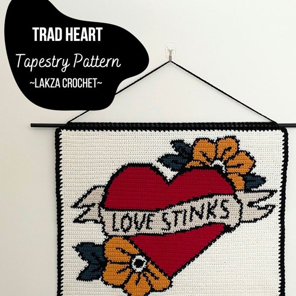 Crochet Pattern Traditional Tattoo Love Heart Wall Hanging Tapestry