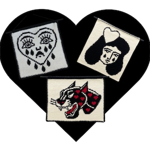 Love Crochet Pattern Bundle Traditional Tattoo Crying Heart, Sad Girl and Love Panther