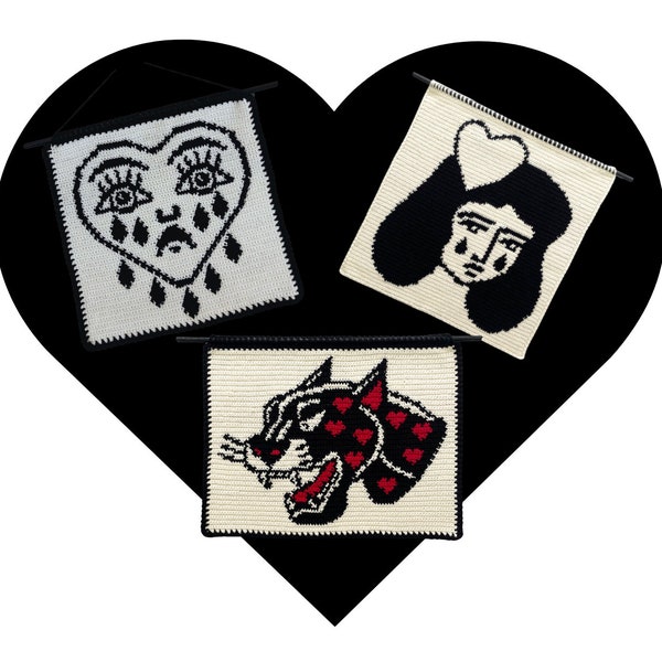 Love Crochet Pattern Bundle Traditional Tattoo Crying Heart, Sad Girl and Love Panther