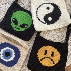 Crochet Bag Pattern Bundle- Alien, Yin Yang, Evil Eye, Emoji Face