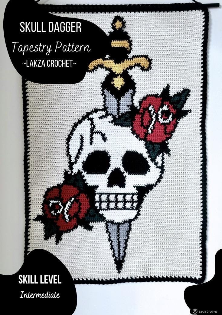 Skull Dagger Crochet Pattern Traditional Tattoo Wall Hanging Tapestry