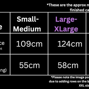 May include: Size guide for a cardigan in small-medium, large-xlarge, and xx-large sizes. Bust circumference measurements are provided in inches for each size. Length measurements are also provided in inches for each size.