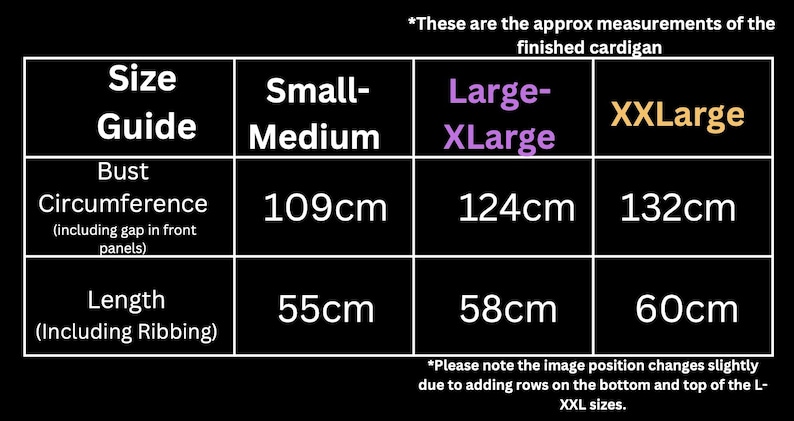 May include: Size guide for a cardigan in small-medium, large-xlarge, and xx-large sizes. Bust circumference measurements are provided in inches for each size. Length measurements are also provided in inches for each size.