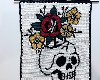 Skull Flowers Crochet Pattern Traditional Tattoo Wall Hanging Tapestry