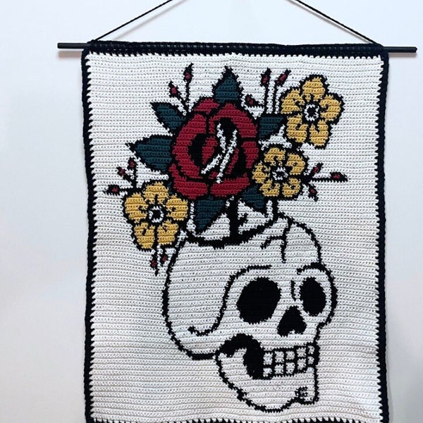 Skull Flowers Crochet Pattern Traditional Tattoo Wall Hanging Tapestry