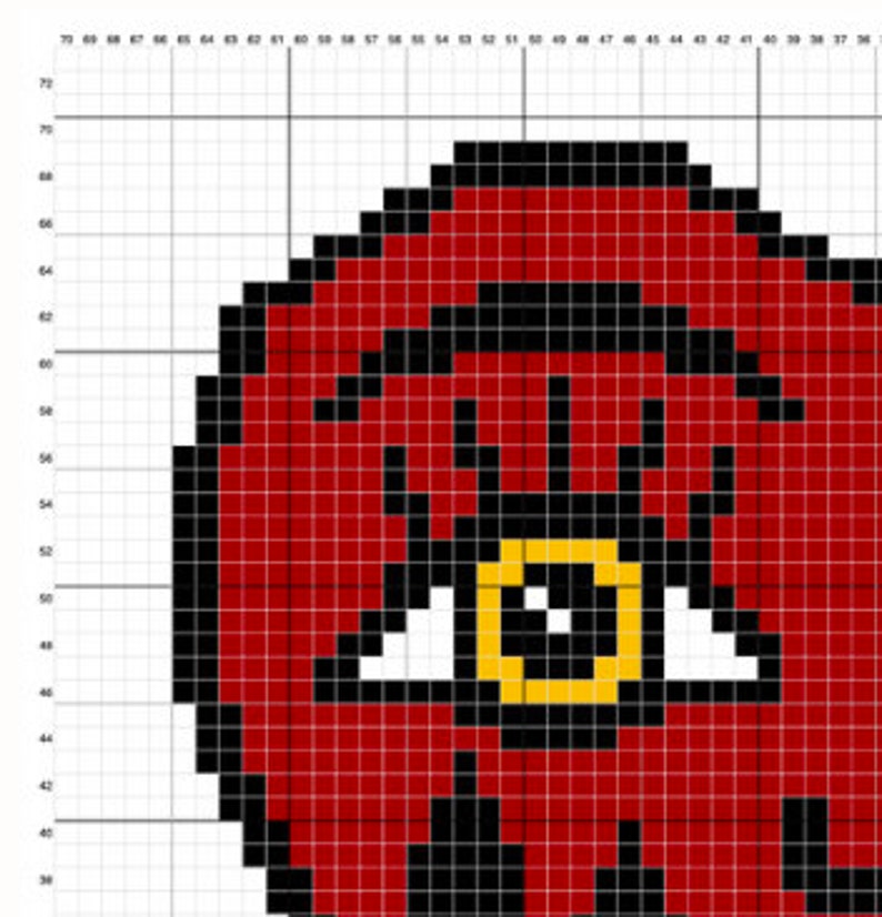 May include: Red and black pixel art design of a single eye with a gold ring around the iris. The eye is surrounded by a red circle.