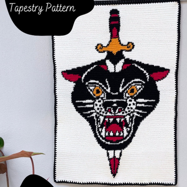 Crochet Pattern Panther Dagger Traditional Tattoo Wall Hanging Tapestry