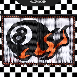 May include: A beaded tapestry featuring a black 8-ball design with orange flames, constructed from white, black, and orange beads. The text 8 BALL FLAMES Beaded Tapestry ~LAKZA CROCHET~ and SKILL LEVEL Beginner are visible on the image.
