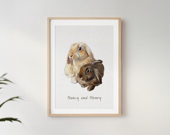 Custom Watercolor Rabbit Portrait, Personalized Bunny Painting, Gift for Pet Lover, Hand-Painted