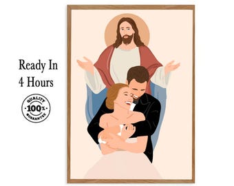 Individuelles Porträt mit Jesus Kunst: Personalisiertes Familiengeschenk, Kombiniere Fotos, Geschenk für einen geliebten Menschen