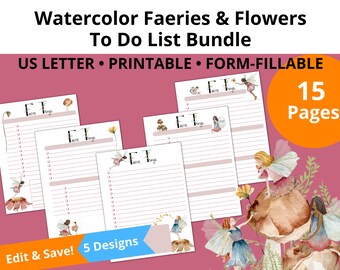 Paquete de lista de tareas pendientes de hadas y flores de acuarela / Rellenable de formularios / Carta de EE. UU.