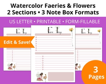 Inserciones de planificador imprimibles con temática de flores y hadas de acuarela para listar con dos secciones / columna de fecha y prioridad / 3 formatos de cuadro de notas