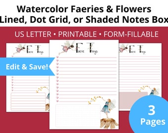 Inserciones de planificador imprimibles de lista de tareas pendientes con formatos de cuadro de 3 notas y campos personalizados / Tema de hadas y flores de acuarela / Rellenable de formulario