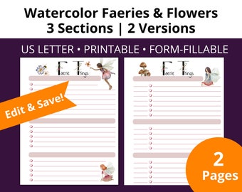 Inserciones del planificador de listas de tareas pendientes con 3 secciones y campos personalizados para pequeñas empresas y emprendedores / Tema de flores y hadas de acuarela