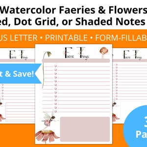 Puede incluir: Tres páginas imprimibles de tamaño US Letter con hadas y flores en acuarela. Las páginas incluyen opciones de notas con líneas, cuadrícula de puntos y sombreadas. Las páginas tienen una combinación de colores rosa y blanco con el texto "Edit & Save!" y "3 Pages".