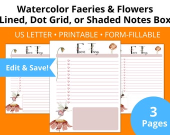 Inserciones de planificador imprimibles de lista de tareas pendientes con fecha y columna de prioridad y formatos de cuadro de 3 notas / Tema / formulario de flores y hadas de acuarela