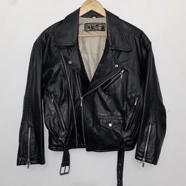 Vintage Twin Track Motorcycle Biker Leather Jacket. Punk Grunge Style Jacket